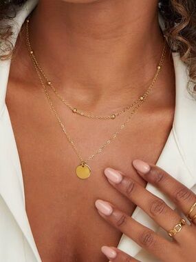 18K Gold Plated Circle Pendant Layered Necklace